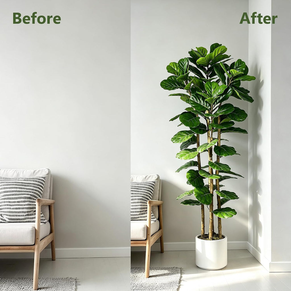 6 ft Artificial Fiddle Leaf Fig Tree, Tall Faux Ficus Lyrata Tree with White Planter Home Decor Office Living Room