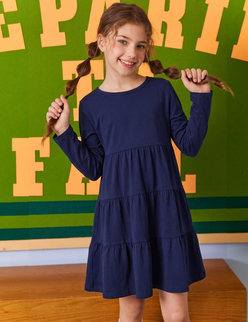 Girl Long Sleeve Dress Tiered Ruffle Swing Tunic Shirt Dress