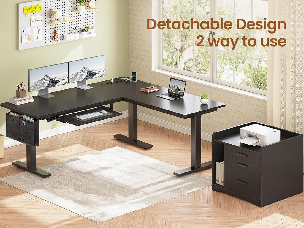 L Shaped Standing Desk with File Cabinet, 3 Drawers, Power Outlet | 63 x 53'' Electric Height Adjustable Gaming