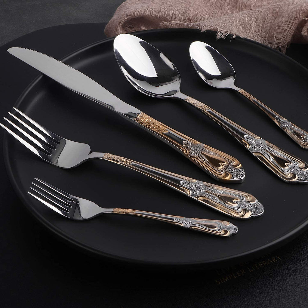 Silverware Set Limited Edition - 20 Piece Flatware Set - Cutlery Set for 4 - Silver Tableware Set w/Gold Accents