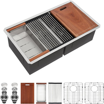 32 Undermount Kitchen Sink Double Bowl- 32x19 Inch Double Undermount Sink Stainless Steel 16 Gauge Ledge Workstation