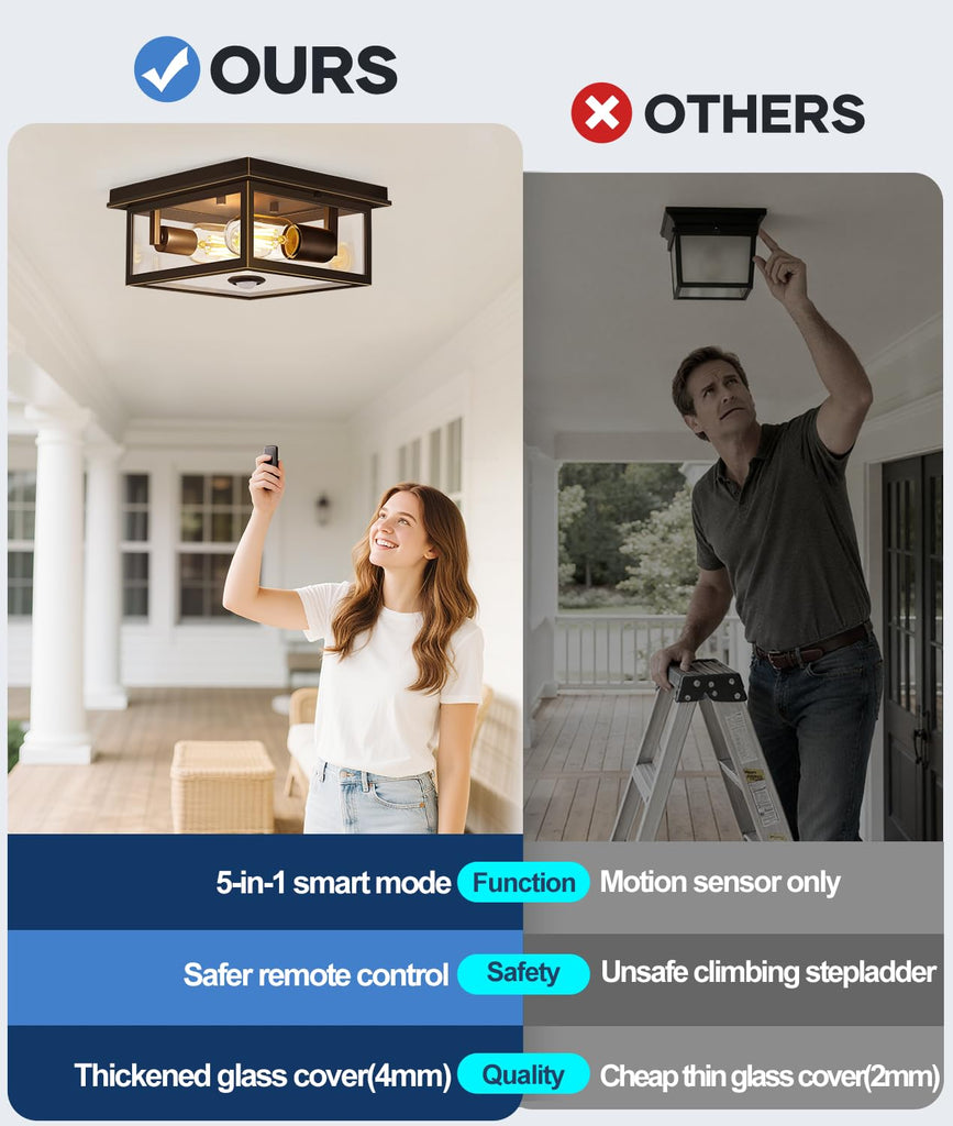 Motion Sensor Outdoor Ceiling Light with Remote, 8.5 Inch Brown and Gold Flush Mount Porch Light Fixture with United