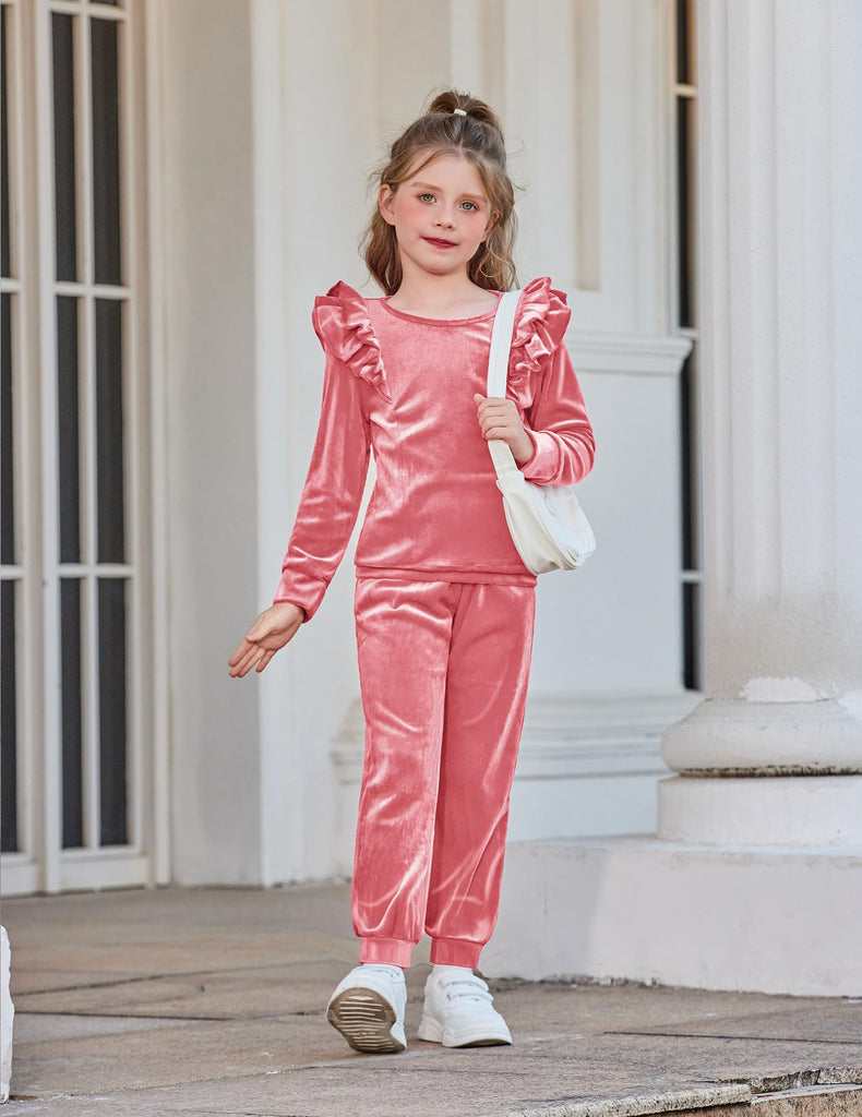 Girls Velour Tracksuit Kids Sweatsuit Ruffles Winter Clothes Sets