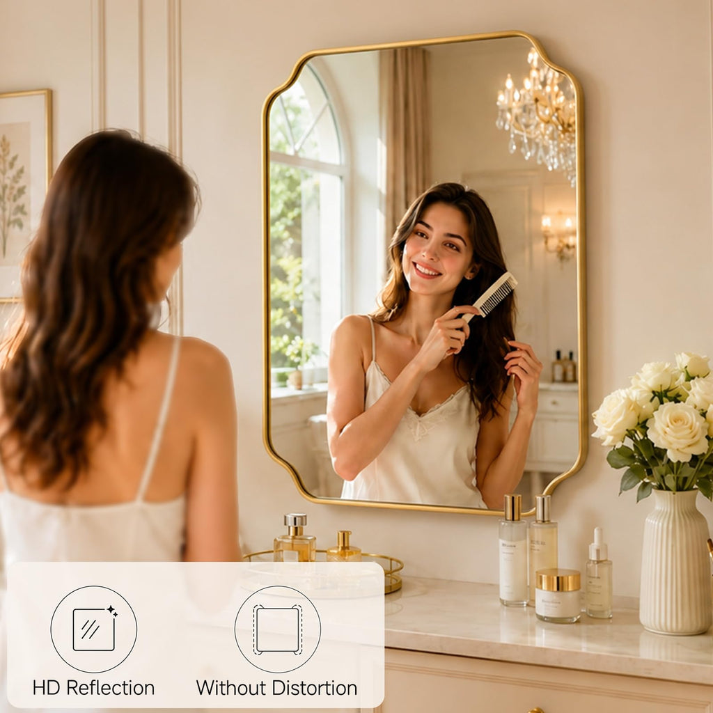 32"x24" Gold Bathroom Wall Mirror, Scalloped Edge Vanity Mirror