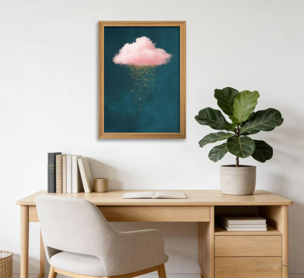 Framed 3D Textured Modern Minimalist Abstract Cloud Wall Art Golden Rain Canva Wall Deocr Pink Cloud Sky artwork
