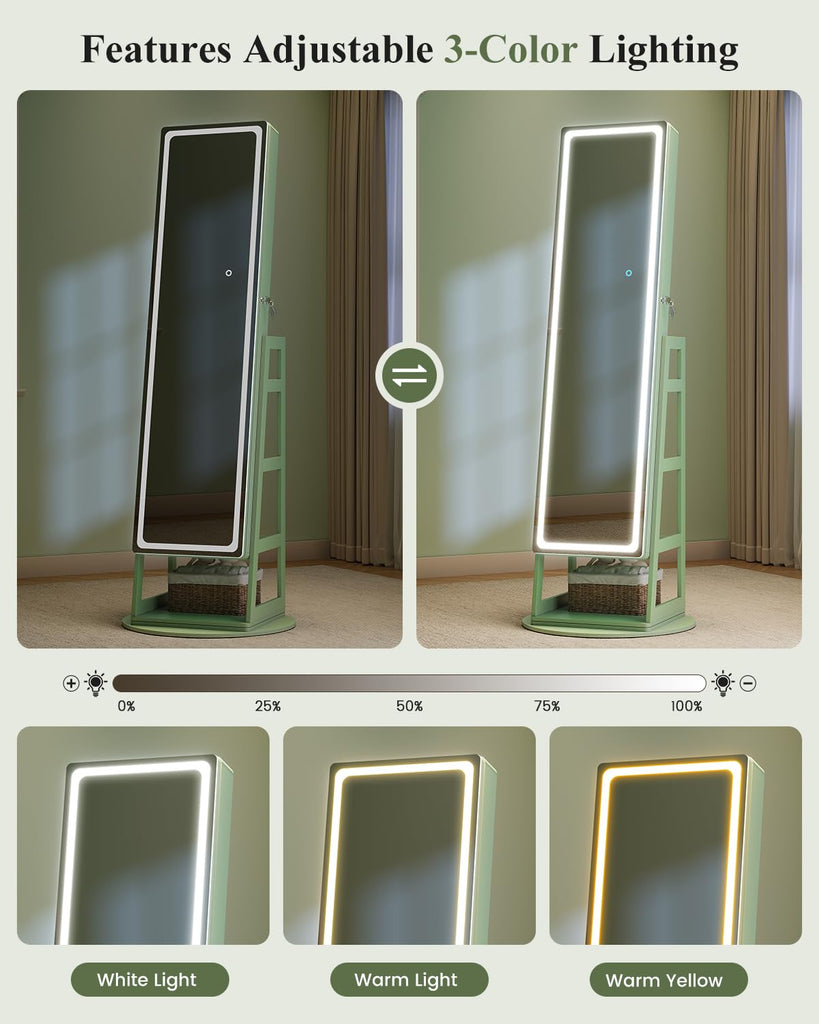 Standing Jewelry Cabinet Mirror with Adjustable LED Light Green