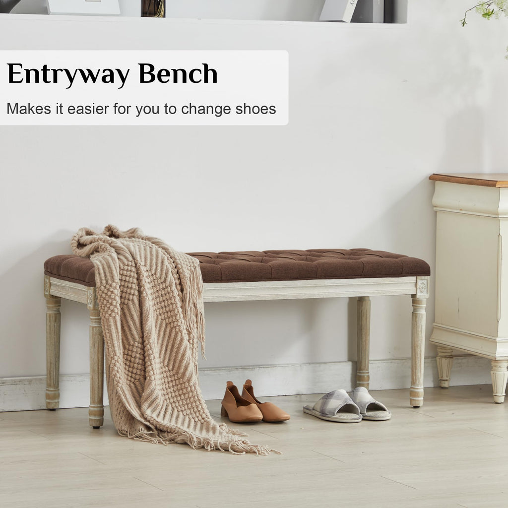 43.9" Linen End of Bed Bench, Vintage Bedroom Bench, Brown