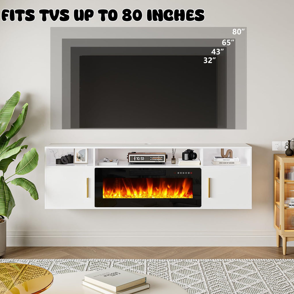 70" Floating TV Stand with 36" Electric Fireplace, Wall Mounted Fireplace LED Light Entertainment Center with Open