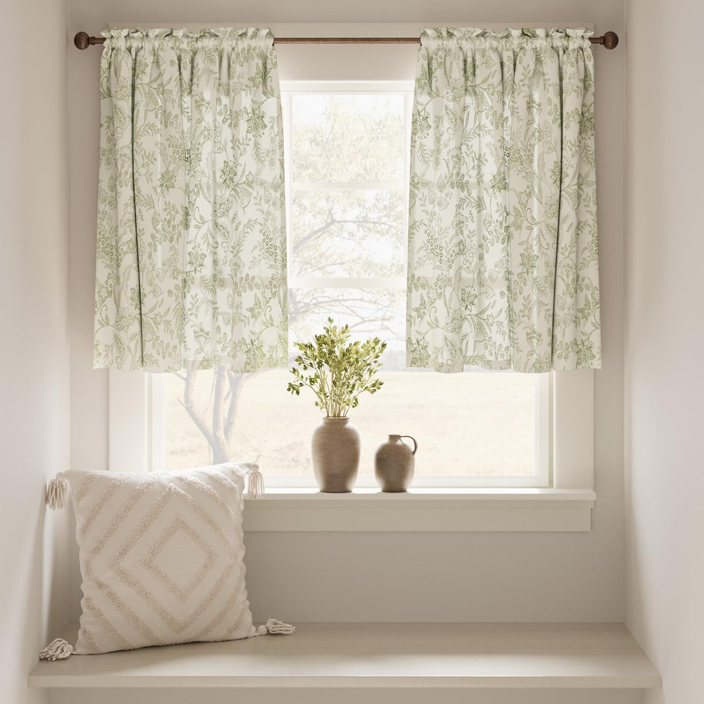 Floral Kitchen Curtains 36 Inch Long 2 Panels Sage Green on Beige | Linen Blend Fabric,Rod Pocket,Light Filtering