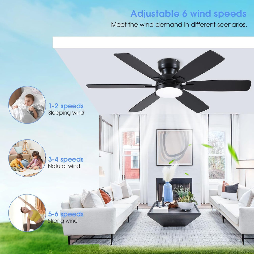 52 In Flush Mount Ceiling Fan with Light Remote/APP,6 Blades Black