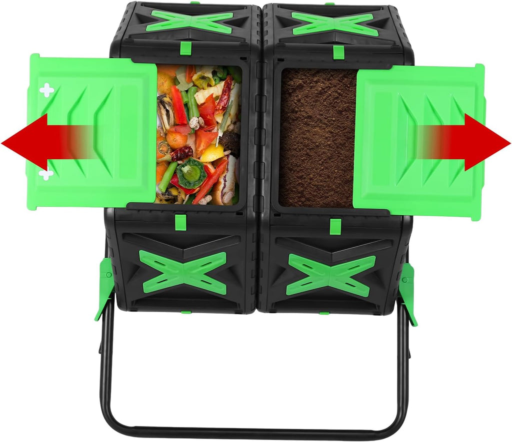 140L Dual Chamber Outdoor Compost Bin with Sliding Door - 360° Rotating | 140L Dual Chamber Outdoor Rotating Compost