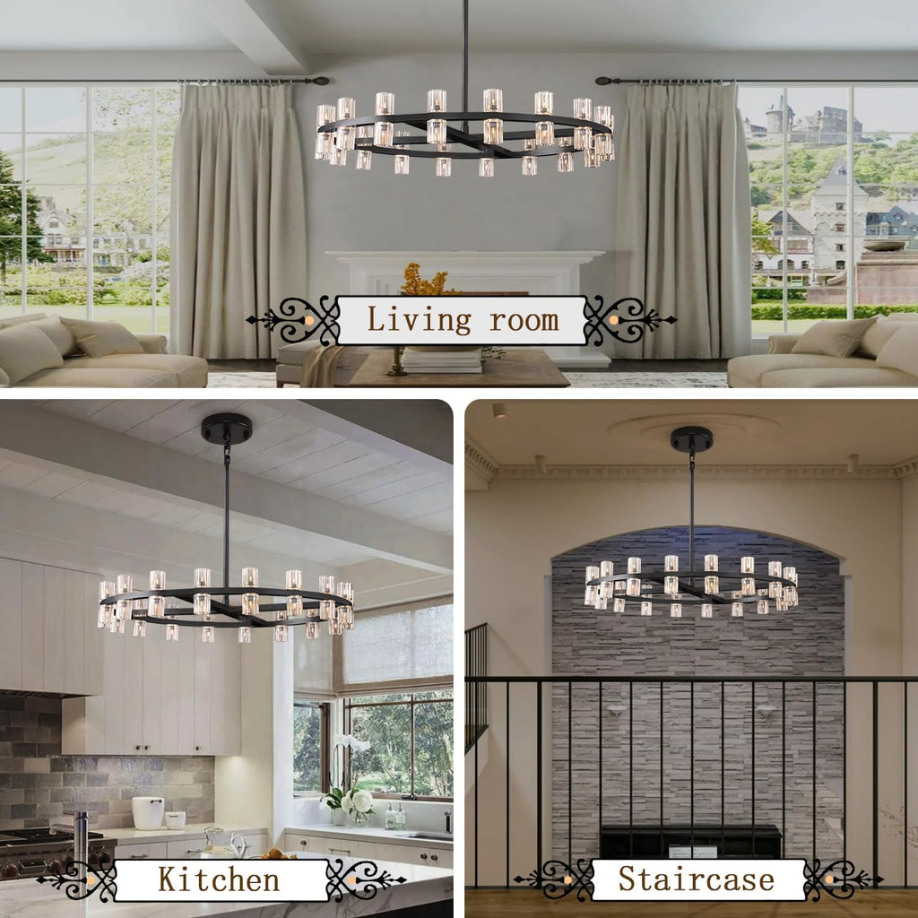 Inspired Arcachon Style Round Wagon Wheel Chandelier, 32" 32-Light Black — Foyer, Dining & Living Room