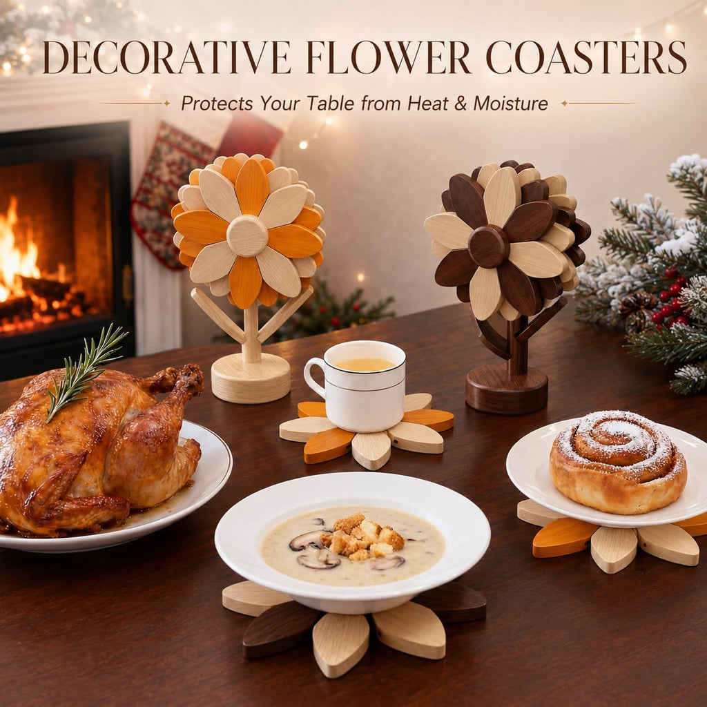 Sunflower Trivets for Hot Dishes, Wooden Tree Trivet Stand Set - Set of 5