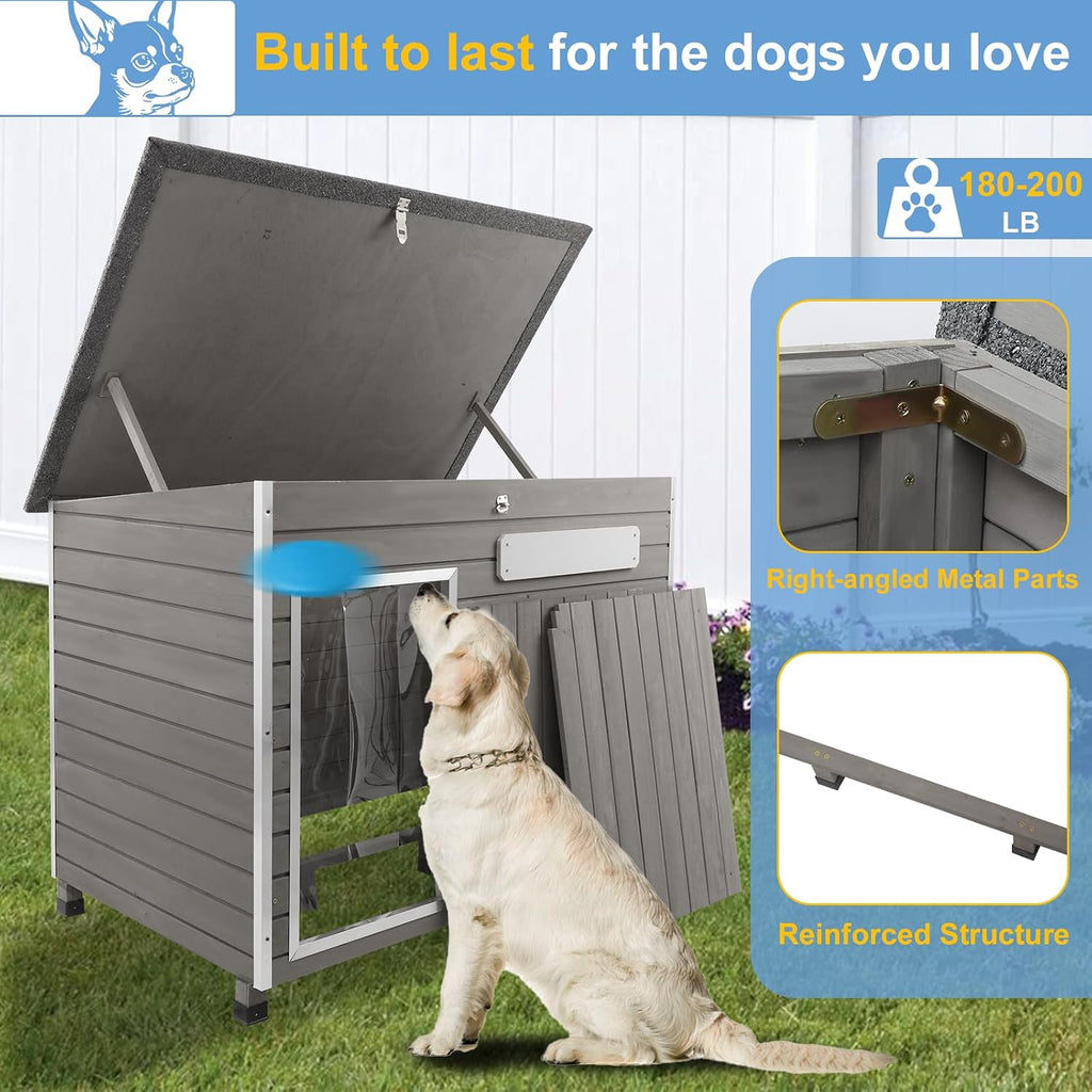0.47" Thick Fir Wood Large Dog House Outdoor, Weatherproof Igloo House for Small to Large Dogs with Removable Floor &
