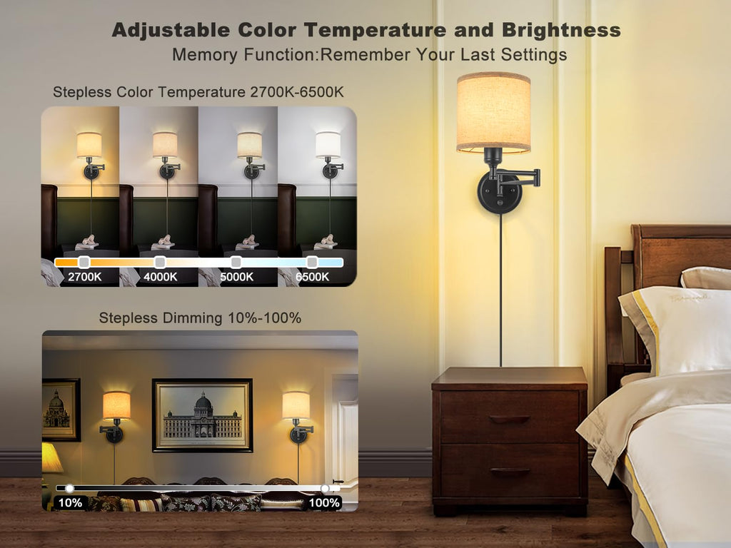 Plug in Wall Sconces with Remote Control, Dimming 10%-100% & Adjustable Colors 2700K-6500K, Hardwire or Plug