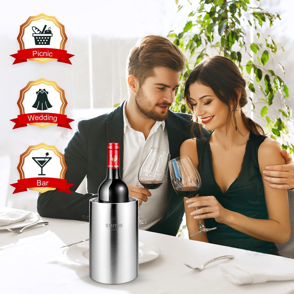 Wine Chiller Bucket, STUTUS Stainless Steel Double Wall White Wine Bottle Cooler Bucket, Insulated Champagne Beer Ice