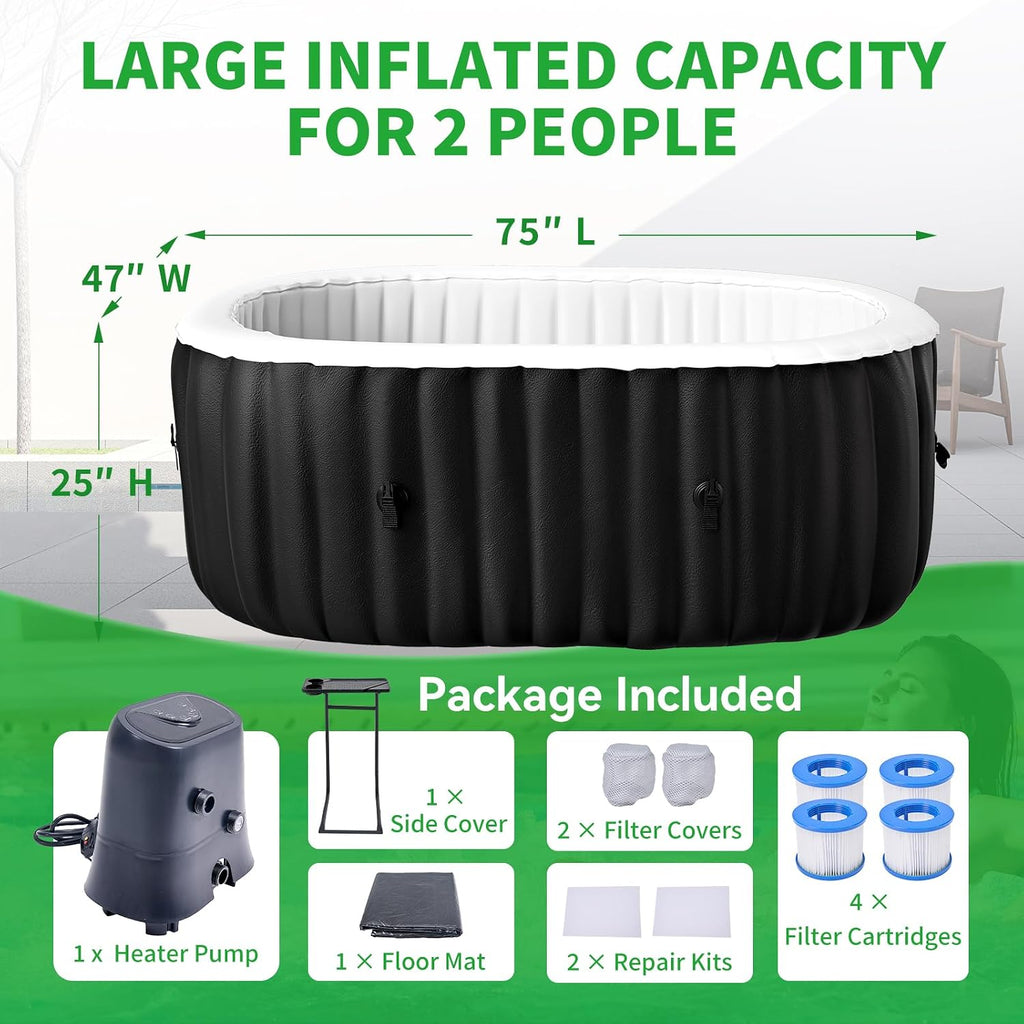 Inflatable Blow Up Hot Tub with LED Lights, 2 Person Oval Portable Hot Tub, Leak-Proof PVC Outdoor Spa with 100 Air