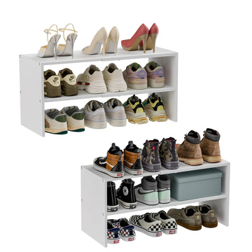2 Pack White Shoe Rack for Closet, 2-Tier Expandable Small Shoe Shelf, Stackable Iron Wood Combination Shoe Organizer