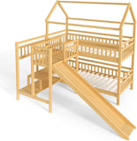 Twin over Twin Bunk Bed with Playhouse Design Roof, House Bunk Beds with Storage Stairs & Slide, Wood Bunkbed for Kids