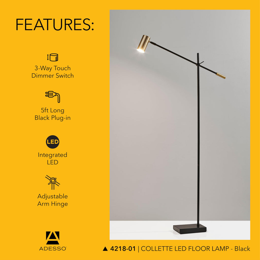 LED Floor Lamp, Black & Antique Brass, Adjustable Height, 63"