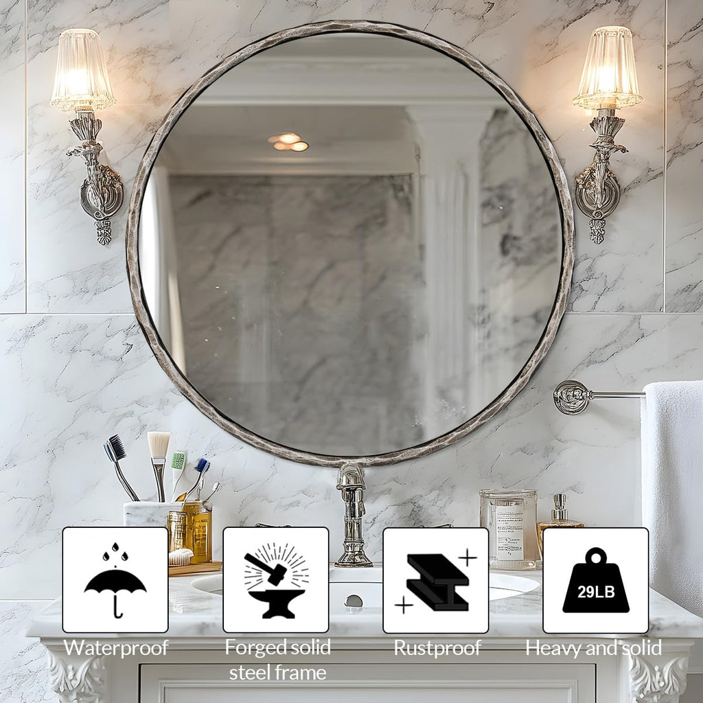 30 Inch Bathroom Hammered Round Mirrors, Silver Hand-Forged Circle Wall Mirrors with Metal Frame, Antique Round