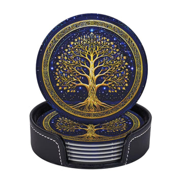 Drink Coasters with Holder Stand Set of 6, Tree of Life Gold Pu Leather Absorbent Coasters with Cork Base Table