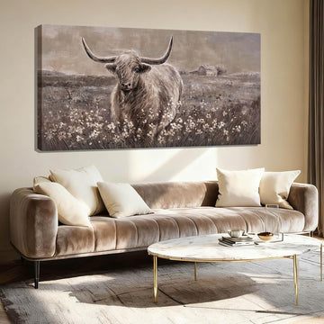 Beige and Brown Highland Cow Canvas Wall Art - Inch Framed Large Painting for Rustic Farmhouse Living Room