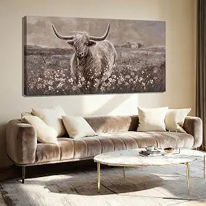 Beige and Brown Highland Cow Canvas Wall Art - 24x48 Inch Framed Large Painting for Rustic Farmhouse Living Room