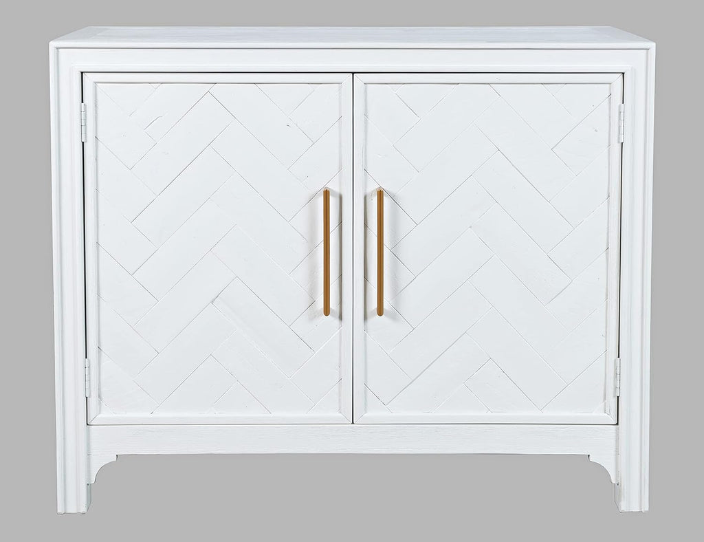 Accent Chest with Two Doors, Acacia Wood Chevron Cabinet Entryway, Mid-Century Modern Storage Sideboard, Blanc White