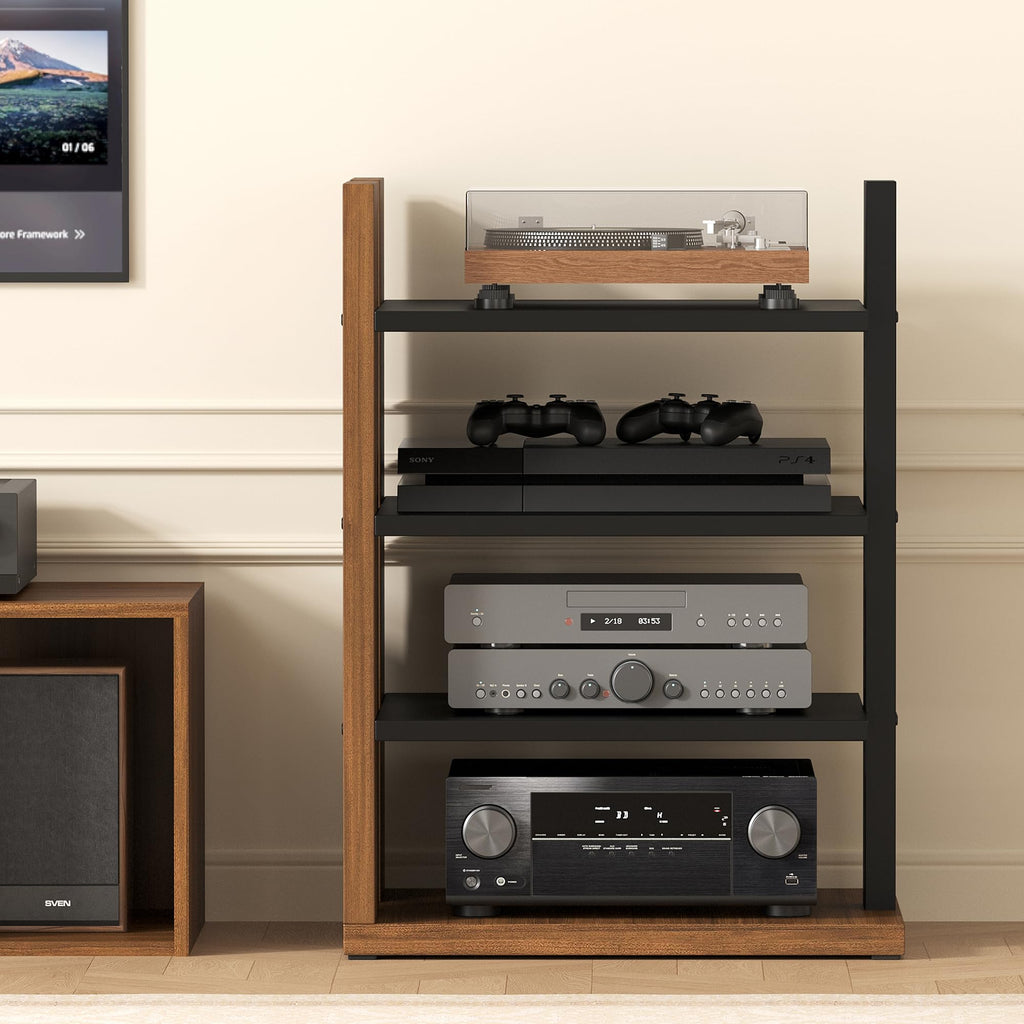Space-Saving Corner Audio Rack, 4-Tier Stereo Cabinet Media Cabinet with 17-Position Adjustable Shelves, Durable 15mm