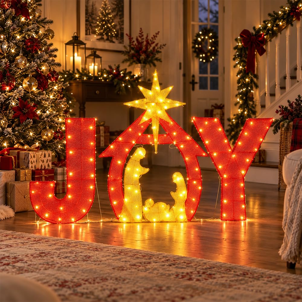 6Ft x 4Ft Outdoor Christmas Decor Lighted Joy Nativity Yard Sign