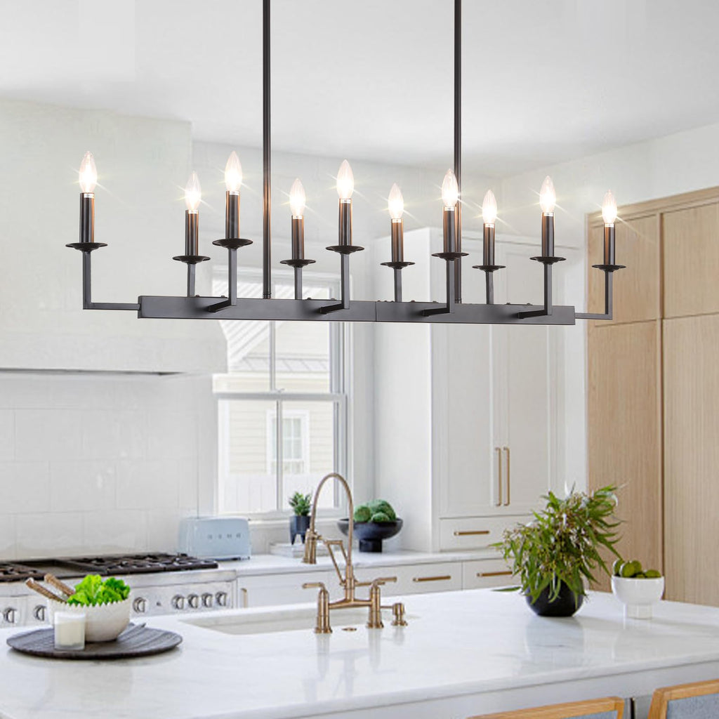 Rustic Black Linear Chandelier,Extra Long Candle Chandelier,Black Light Fixture Living Room Kitchen Island