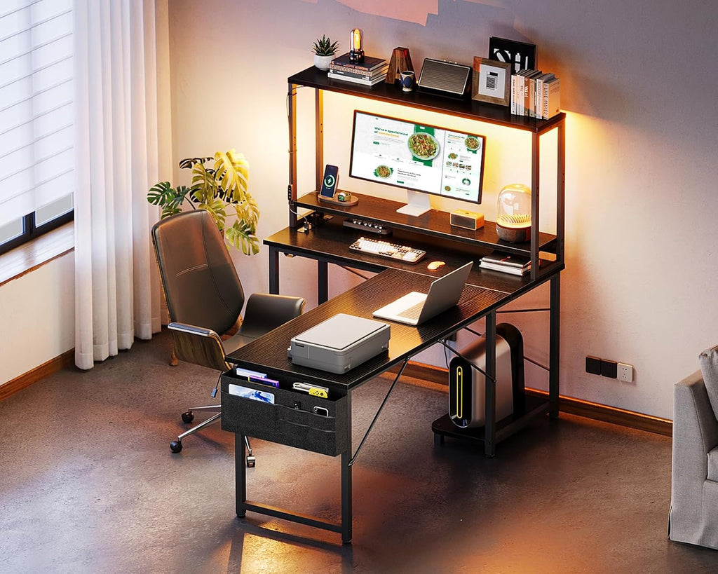 53" L Shaped Gaming Desk with Shelves, LED & Outlets, Black | Hook for headset, bag for gear. Shelves for books &