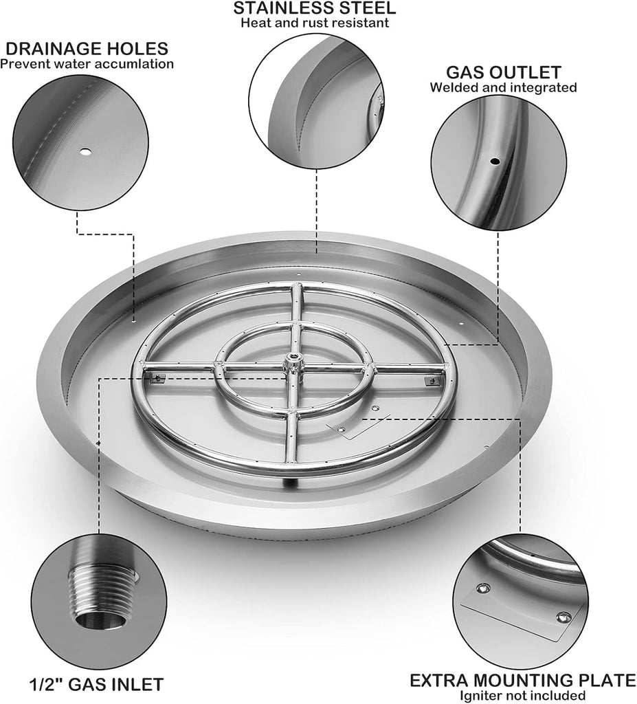 31 Inch Drop-in Round Fire Pit with Spark Ignition Kit, Gas Firepit Insert for DIY Project