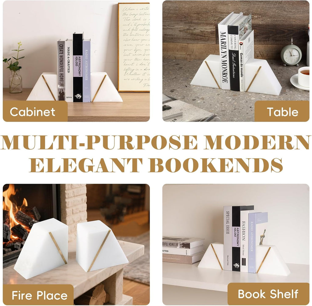 Natural Marble Bookends for Shelves, Decorative Book Ends for Heavy Books, Heavy Duty Mid Century Modern White and