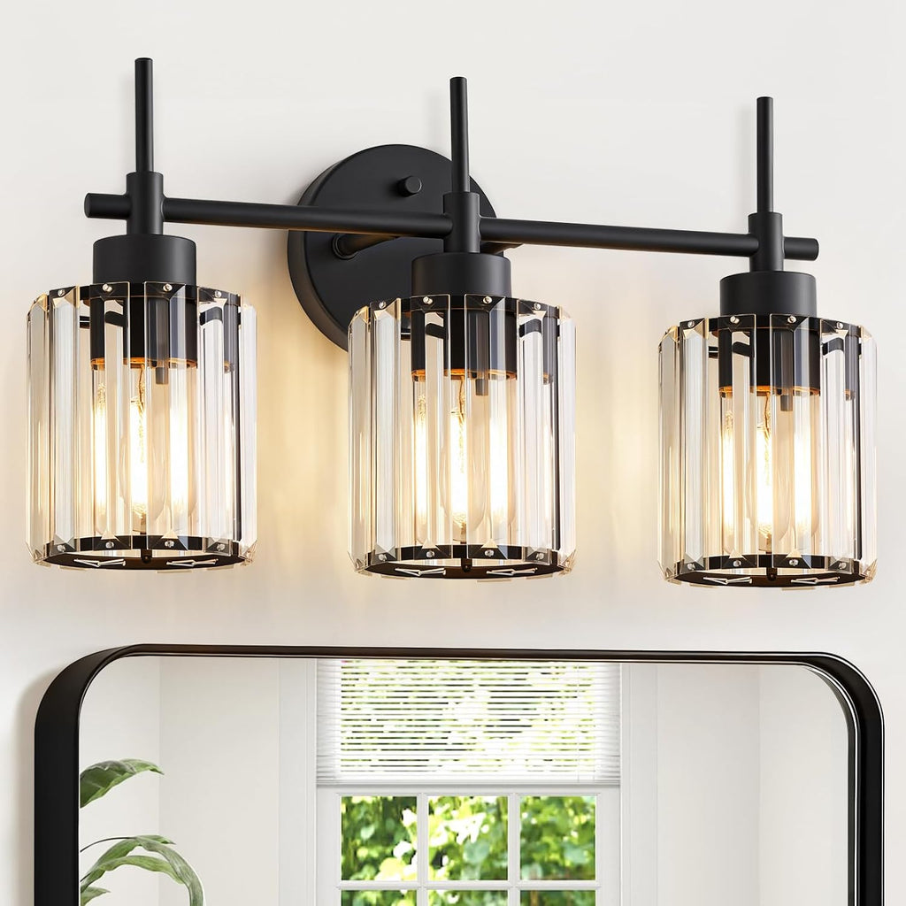 3 Light Black Crystal Vanity Light, Modern Bathroom Vanity Light Over Mirror, Up and Down Mount Wall Sconce Lighting