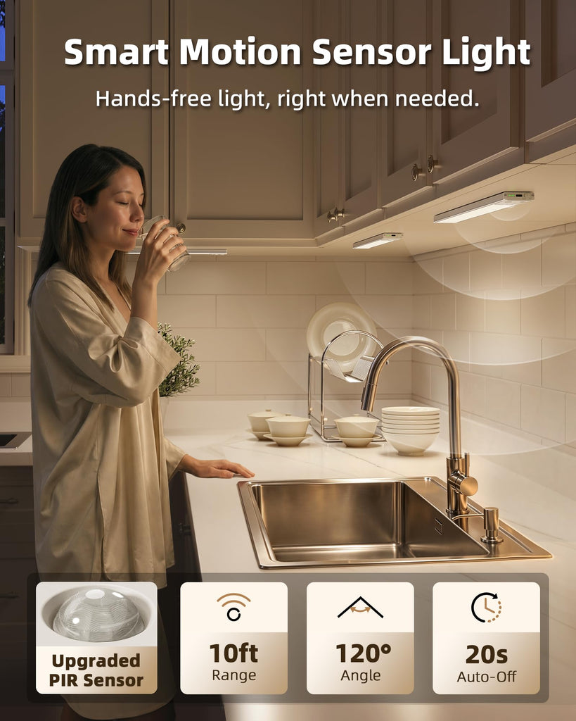 Under Cabinet Lighting Wireless, 8'' 1800mAh Rechargeable Closet Light, LED Motion Sensor Lights with Power Display