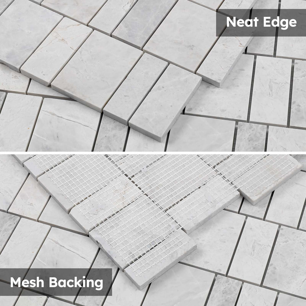 Andes Grey Marble Mosaic Tile, Offset Piano Pattern, Honed, Marble Backsplash Tiles Bathroom Wall Floor, Pack of 5