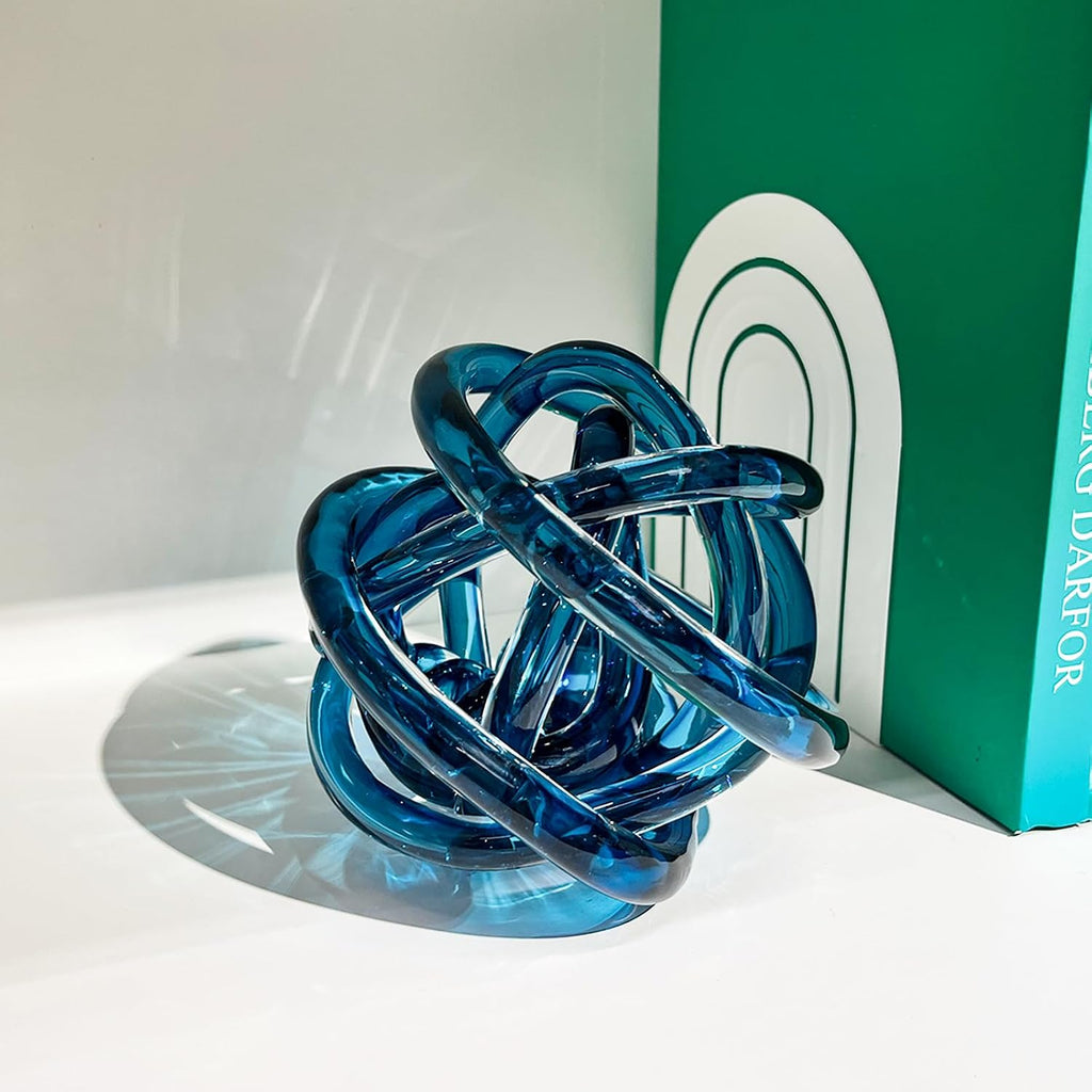 Glass Knot Teal Decor Ball - 5 Inch Hand Blown Infinity Sculpture Orbit Home Decor Table Decoration Interio Art
