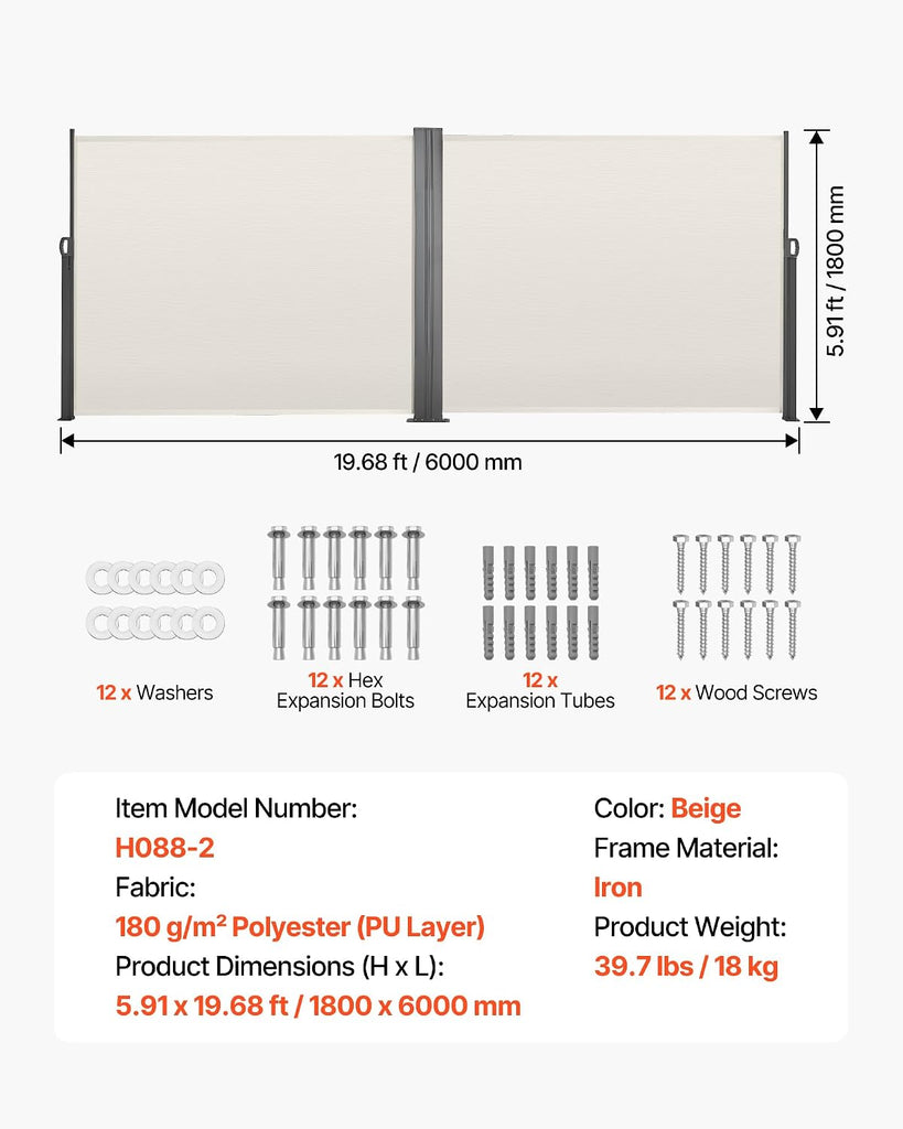 Retractable Side Awning, 71" x 236" Patio Retractable Side Screen with 180 g/m2 Polyester Fabric, Waterproof Sunshade