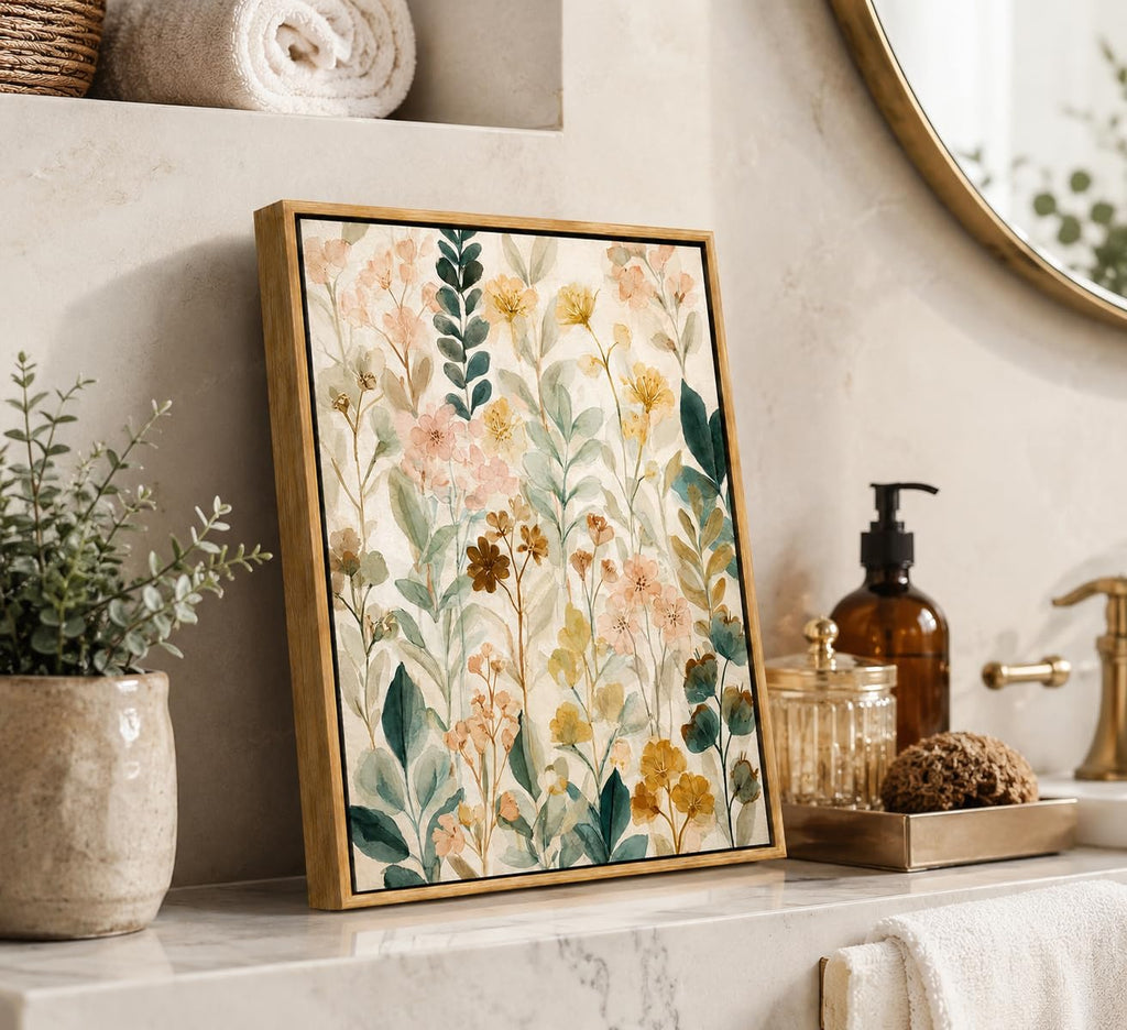 Floating Framed Boho Beige Flower Canvas Wall Art Wall Decor