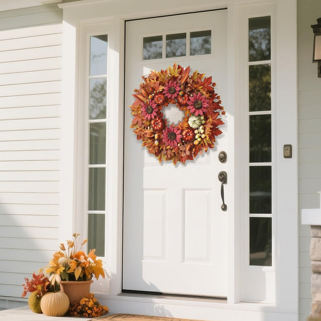28" Large Artificial Flowers Fall Wreath for Front Door Decor (Fall Orange)