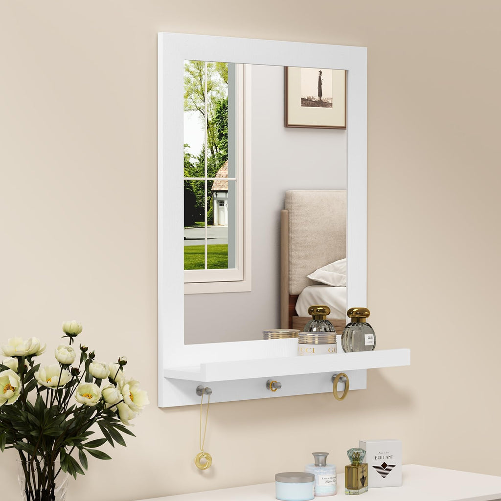 24" x 18.5'' Wood Wall Mirror with Shelf, Rectangular Hallway Mirror with Hooks, Hanging Wall Mirrors, White