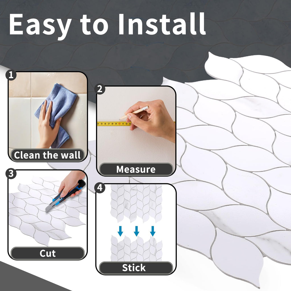 10-Sheet Peel and Stick Backsplash Tile , Self-Adhesive Mosaic Glossy Leaf Stick on Wall Tile with Gaps (Calacatta