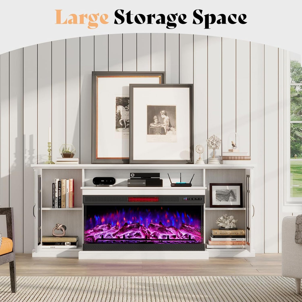75in 3-Sided Glass Fireplace TV Stand for TVs up to 85", Rustic Fireplace Media Entertainment Center Console Table