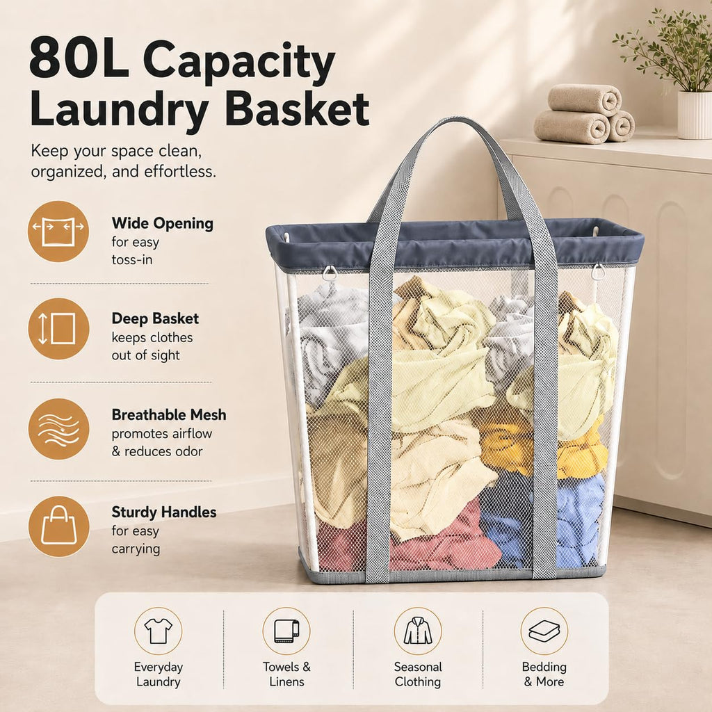 80L Laundry Basket Foldable Laundry Hamper with Handles