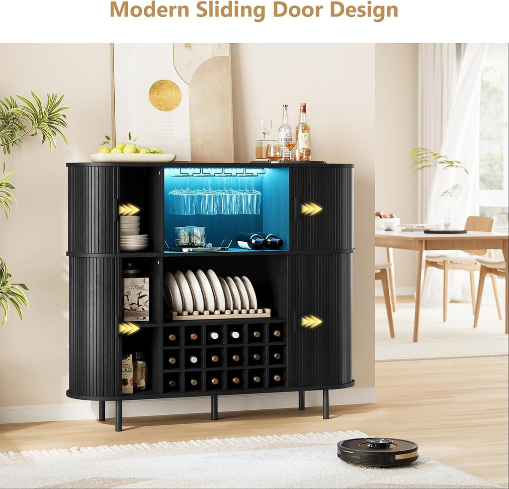 55" Fluted Wine Bar Cabinet with Power Outlet Black | Large Coffee Bar, Liquor Whiskey Cabinet, Home Bar, with LED