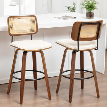 Mid Century Modern Bar Stools, Rattan Swivel Bar Stools with Curved Back