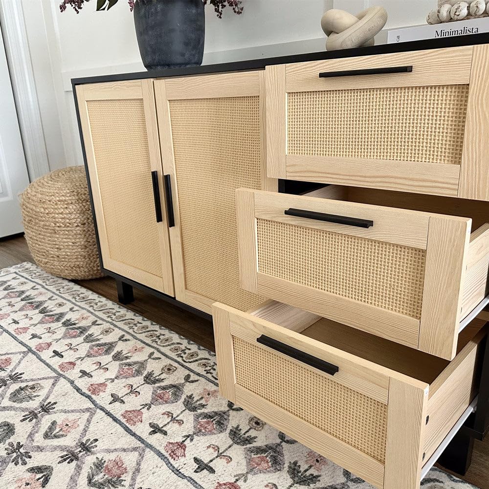 Black Rattan Cabinet with Doors, Buffet Sideboard Cabinet with Drawers, 2 Door Storage Cabinets