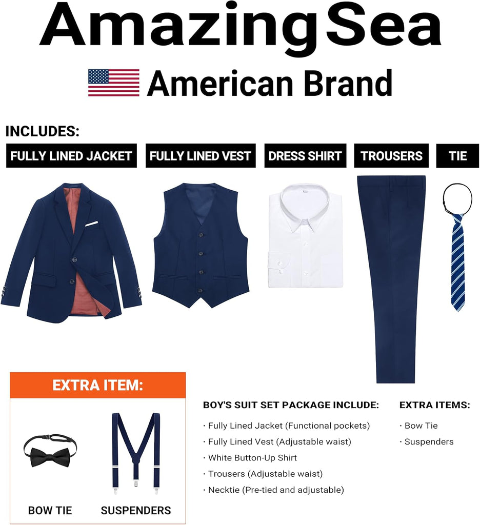 Boys Formal Suit Set, 3 Styling Looks, Adjustable Waist & Suspenders